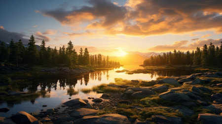 scenic mountain lake at sunrise, showcasing the vibrant colors of autumn. the rocky shore adds a touch of ruggedness to the picturesque landscape. this stunning photo captures the beauty of nature, reminiscent of the style seen in cryengine and national geographic. the use of a graflex speed graphic camera enhances the timeless quality of the image, reminiscent of the works of ivan shishkin. ai generatedの素材