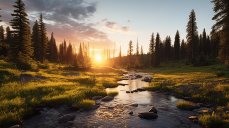 the river's water displays a striking red hue, captured beautifully in this uhd image using vray tracing. the scene evokes a sense of romance and tranquility, reminiscent of whistlerian and national geographic photos. bathed in golden light, this pastoral landscape showcases a captivating and unique natural phenomenon. ai generatedの素材