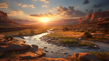 a scenic river winds through majestic mountains, casting shadows on the desert horizon. this breathtaking landscape, reminiscent of the unreal engine style, captures the essence of american tonalist art. with elements of prairiecore and golden light, it evokes a sense of serenity found in pastoral scenes. the richly colored skies and nature-inspired beauty make this photo truly captivating. ai generatedの素材