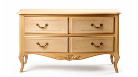 the dresser is a small rococo-style piece with subtle surface decoration. it features a light gold and light brown color scheme, giving it an ornate yet raw and unpolished look. the dresser is captured in a photograph using fujifilm eterna 400t type 8673 film, against a white background. its construction is made of timber frame. ai generatedの素材