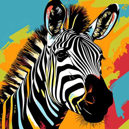 a zebra stands out with its vibrant rainbow colors, showcasing a unique blend of pop-art inspired graphic design. this artwork combines elements of datamosh, detailed illustrations, precisionist art, pop-art graphics, stencil art, and flat shading, resulting in a visually striking and captivating image. ai generatedの素材
