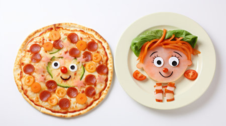 a girl holding a pizza with anime-inspired faces on them. the pizza is vibrant with orange and green colors, resembling lively tableaus. the photo has a velvia and larme kei style, reminiscent of children's book illustrations with intricate carvings. ai generatedの素材