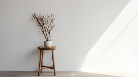 an empty room featuring a chair and a small wooden plant stand with twisted branch design, showcasing traditional japanese artistic techniques. the room exudes minimalism tendencies with nature-inspired pieces and clean, simple designs. the minimalist staging highlights the monochromatic color scheme. ai generatedの素材