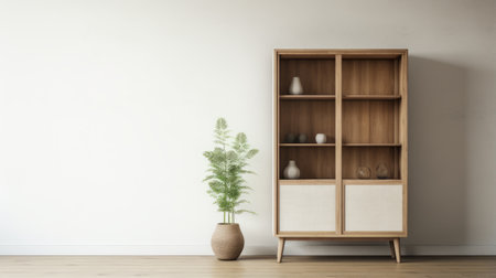 wooden bookcase with potted plant, japanese minimalism style. soft atmospheric perspective, fujifilm natura 1600. domestic interiors in white and beige. high-quality photo capturing the essence of 1970-present design. ai generatedの素材