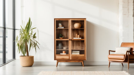 the living room showcases a sustainable design with a coffee and side table, a wooden bookcase, and a traditional vietnamese rug. the monochromatic minimalism is enhanced by earthy colors and the use of glass as a material. captured on fujifilm pro 400h, this photo exudes a harmonious blend of modern and traditional elements. ai generatedの素材