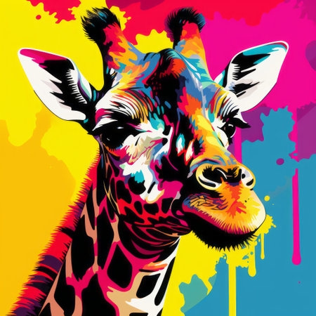 a brightly colored giraffe head, reminiscent of pop art illustrations, showcases a paint dripping technique. this david yarrow creation combines nostalgic illustration with elements of realism and surrealism. the cheerful colors and artistic style are reminiscent of the works by etam cru. ai generatedの素材