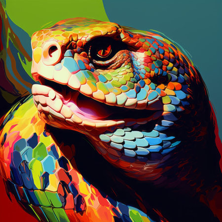 colorful animals with stub noses are depicted in the background of this digital art piece. the artwork showcases various techniques such as figura serpentinata, high-contrast realism, and grandiose color schemes. the dragon art is characterized by boldly colored fauvism, creating a visually striking composition with multilayered dimensions. ai generatedの素材