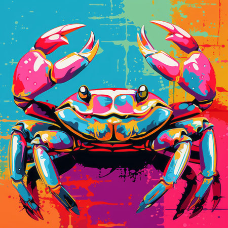 a crab perches on a vibrant, eye-catching painting featuring colorful gradients. the artwork is reminiscent of wlop and dmitry spiros' pop art graphic design, showcasing animal intensity. the digital art techniques used in this composition create a visually striking piece. ai generatedの素材