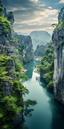 the photo showcases a stunning landscape with beautiful rocks and a lush green forest. it captures the essence of a traditional chinese landscape, reminiscent of national geographic's style. the scene exudes a romantic riverscape vibe, with hints of gray and cyan tones. the composition is reminiscent of the works of kerem beyit and dino valls, offering a high-definition visual experience. ai generatedの素材