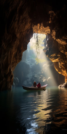 kayak riding through a cave at sunrise, capturing the beauty of the sun's rays. this realistic yet romantic national geographic photo by sopheap pich and pieter claesz showcases the breathtaking scenery of romantic landscapes. inspired by the works of berndnaut smilde, this photo combines nature's wonders with a touch of artistic flair. ai generatedの素材