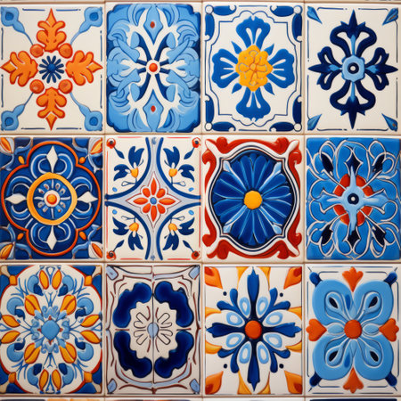 blue floral tile and decorative tile design on a rustic blue tile, featuring a dark turquoise and dark orange color scheme. this traditional oil-painting technique showcases a contemporary use of textiles and vibrant acrylic colors. the photo captures the intricate decorative borders, mismatched patterns, and high-quality craftsmanship of the tiles. ai generatedの素材