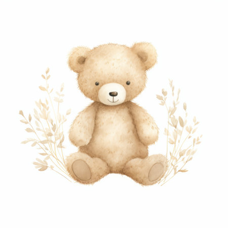 a teddy bear, depicted in the style of detailed botanical illustrations, sits on a white background. the image showcases realistic landscapes with soft, tonal colors, resembling an aquarellist's work. the teddy bear is rendered in beige and amber tones, creating a childlike figure in this high-definition image. ai generatedの素材