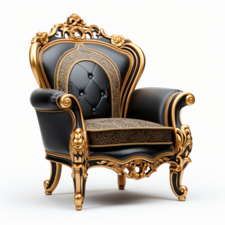 black and gold armchair with gold trim on a white background. elaborate detail and high definition make this armchair a depiction of aristocracy. bold color choices and richly layered design create a visually stunning piece. the rich colors of this armchair make it a contest winner. ai generatedの素材