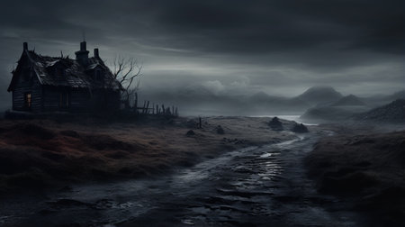 a dark house wallpaper featuring a decaying landscape in a realistic style. this hd wallpaper showcases soft, tonal colors and captures the beauty of norwegian nature. shot on 70mm, the misty scene is digitally enhanced, resulting in a visually stunning 8k resolution image. ai generatedの素材