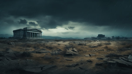 a massive greek temple stands prominently in a barren desert, surrounded by ominous storm clouds. this captivating image, reminiscent of scottish landscapes, showcases the artistry of matte painting and narrative-driven visual storytelling. captured with the tokina opera 50mm f/1.4 ff lens, the photograph exhibits layered and atmospheric landscapes, featuring a captivating palette of dark cyan and green hues. ai generatedの素材