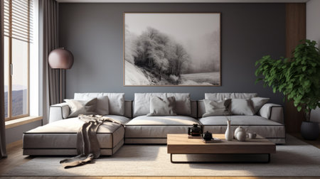 a minimalist monochromatic landscape in the living room, featuring an artistic look. this high-quality photo showcases soft mist and snow scenes, rendered in cinema4d with vray tracing. the tonalist color scheme adds to the overall aesthetic appeal. ai generatedの素材