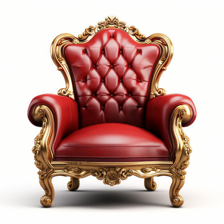 a red and gold padded chair with beige cushions is showcased in this realistic and detailed rendering. the chair exudes a sense of wealth and opulence, reminiscent of rococo realms. its leatherhide upholstery adds a touch of luxury. placed against a white background, the chair's presence carries psychological symbolism. this captivating image is a contest winner. ai generatedの素材