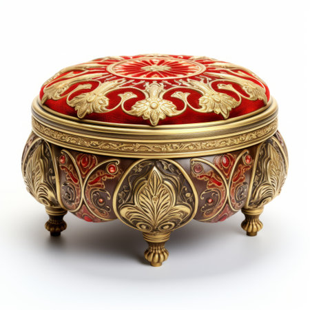 a red velvet box with an ornate design, featuring light gold and bronze accents. the rounded shape and photorealistic details add to its allure. the use of fabric and ceramic tapestries enhances its elegance. the candid atmosphere and vibrant color choices make this box truly captivating. ai generatedの素材