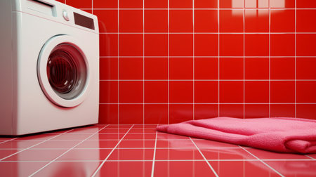 a laundry room featuring a washing machine in a vibrant color palette of light red and crimson. this realistic hyper-detailed image showcases bold lines and a smooth ceramic surface. with its neo-mosaic style and uhd quality, this image captures the essence of a modern laundry room. ai generatedの素材