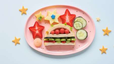 a rainbow burger, inspired by traditional japanese artistic techniques, is showcased on a vibrant pink plate adorned with fruit and star cut outs. this whimsical creation combines elements of anne geddes' photography, caninecore aesthetics, and elaborate fruit arrangements. the color palette features light green and red hues, while the iso setting is at 200, resulting in a captivating image that exudes smilecore vibes. ai generatedの素材
