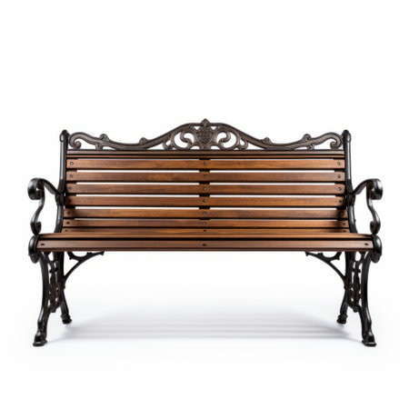 an antique wooden bench, featuring a dark bronze and light bronze design, stands on a white background. this martin rak photograph showcases classical architecture with a touch of innovation through split toning and an innovative composition. the cabincore aesthetic is enhanced by the rococo ornateness of the bench. ai generatedの素材
