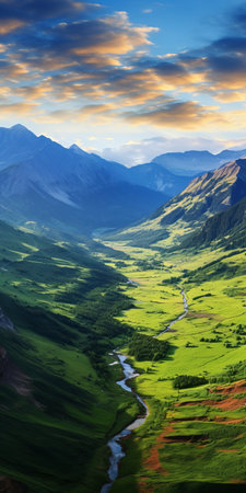 green valley with sky, sun, and river: a stunning photograph capturing the beauty of a green valley, with a picturesque sky, radiant sun, and flowing river in the background. reminiscent of max rive's style, this national geographic-worthy image showcases thick paint layers and a traditional color scheme. shot by svetlin velinov, this hd photo transports you to the enchanting donald pass. ai generatedの素材