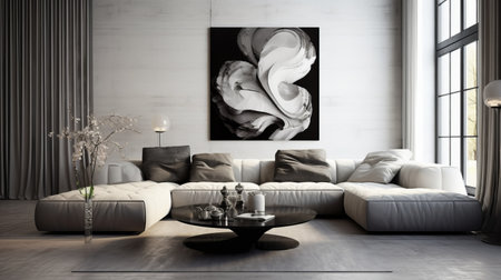 a white and black abstract painting, with rounded forms and a sepia tone, hangs in a luxurious living room. the elegant realism and naturalistic rendering of the artwork add a touch of romance to the interiors, while the color splash creates a captivating focal point. ai generatedの素材