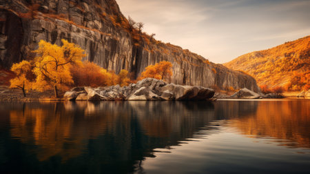 a serene lake surrounded by vibrant autumn-colored walnut trees reflects their beauty on the calm water's surface. this tranquil scene of a cliff and the surrounding nature evokes a sense of serenity and appreciation for the fall season. the image, captured during golden hour, showcases the soft, warm light illuminating the cliff. ai generatedの素材