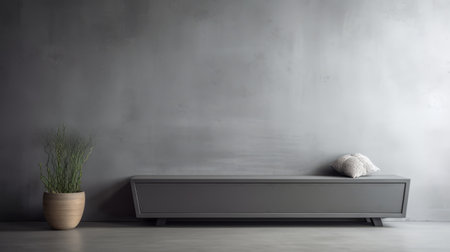 a grey bench is seen beside the wall in this 3d rendering stock photo. the image showcases a moody tonal contrast and abstract minimalism, capturing the essence of intricate minimalism and monochrome interiors. shot with a hasselblad h6d-400c, the photo exhibits a warm tonal range and minimalist color field. ai generatedの素材