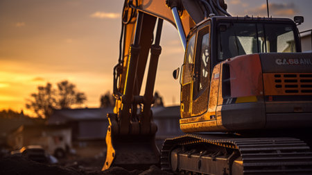 a construction vehicle drives through an open field of farmland, captured in a backlit photography style. the image showcases a youthful energy with its close-up shot, highlighting the architectural focus of the vehicle. the dark orange and light navy colors of the vehicle's design contrast beautifully with the surrounding landscape. the auto body works are evident, displaying a combination of dark yellow and light magentaの素材