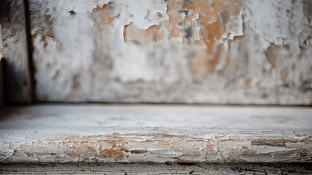 a minimalist-style bench with peeling paint and scabbing, featuring a light white and light orange color scheme. this photograph showcases the technique of focus stacking, capturing the details of the bench's texture. the composition, inspired by valentin de boulogne, incorporates light gray and white tones, creating a sense of flatness on the surface. tim holtz's influence is evident in the overall aesthetic. ai generatedの素材