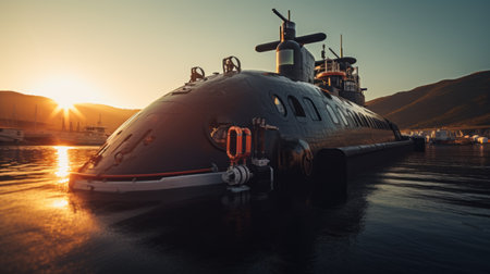 a black submarine, with highly detailed features, is captured in a close-up shot at sunrise. the image showcases the unique style of vray tracing, incorporating eccentric props and drawing inspiration from the works of oleksandr bogomazov. the contrasting colors of dark orange and light indigo add depth to the composition, while the photograph is reminiscent of the artistic style of andreas levers. ai generatedの素材