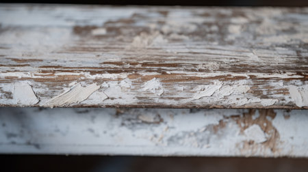 a wooden surface with white paint, showcasing the soft focus lens style and low depth of field in this tabletop photograph. capturing the essence of urban decay, this image was taken with a nikon d750 camera, reflecting the influence of the american studio craft movement. don't miss the blink-and-you-miss-it detail in this captivating photo. ai generatedの素材