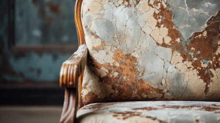 a photo titled "restoring a chair with marble" showcases the process of transforming a chair using muted, earthy tones. the image captures densely patterned imagery with light indigo and brown hues, highlighting eroded surfaces. luxurious fabrics add a touch of elegance to the rustic abstraction. this high-quality photo beautifully captures the essence of the restoration process. ai generatedの素材