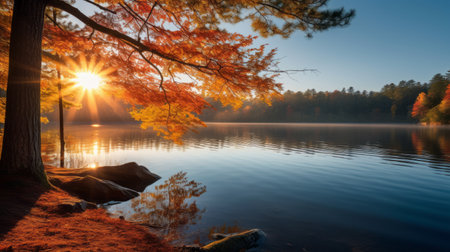 a serene lake surrounded by vibrant dogwood trees in full autumn splendor reflects their colors on the calm water's surface. this tranquil scene captures the beauty of nature during the fall season, with the soft, warm light of golden hour illuminating the plain. ai generatedの素材