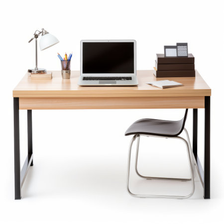 modern home office furniture featuring a sleek wooden desk and a stylish lamp, designed in the style of zeiss milvus 25mm f14 ze. the office is set against a clean white background, with accents of light brown and black. this associated press photo showcases a modular and commercial imagery, with a limited color range. ai generatedの素材