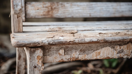 an old, rusted wooden bench with rotten wood is captured in a close-up shot using the focus stacking technique. the bench showcases a combination of light gray and light gold tones, giving it a weathered appearance. the whitewashed narratives and handcrafted beauty of this post-impressionist style bench add to its unique charm. ai generatedの素材