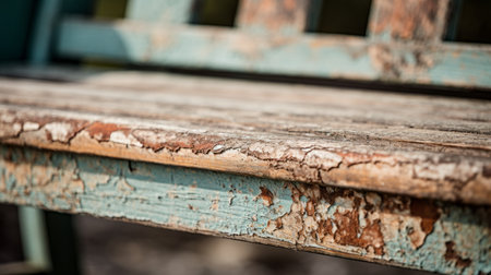 an old wood bench with green paint, featuring a cracked surface, is captured in this high-quality uhd image. the shallow depth of field highlights the bench's unique texture and details. the bench is painted in a style reminiscent of dark sky-blue and light orange, complemented by a light sky-blue and beige background. this photo was taken using the tokina opera 50mm f/1.4 ff lens. aiの素材