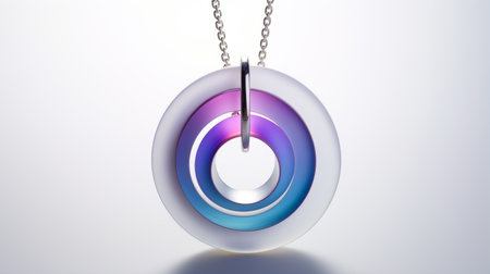 a pendant featuring multicolored circles adorns an abstract necklace, showcasing monochromatic shadows and layered translucency. the design exudes a futuristic aesthetic with its light indigo and purple hues, streamlined metallic rotation, and clear edge definition. this necklace combines elements of modernity and elegance, making it a captivating accessory. ai generatedの素材