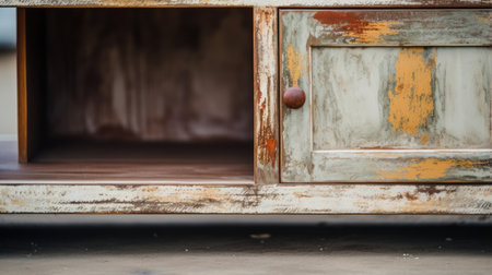 a rustic-style cabinet with abundant paint layers and a textured finish sits on the ground. the low depth of field highlights its restored and repurposed design. the cabinet showcases a combination of gray and amber tones, reminiscent of mid-century aesthetics. ai generatedの素材