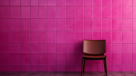 a chair is placed in front of a vibrant pink tiles wall, showcasing photorealistic details. the chair features a combination of dark brown and magenta hues, embodying a playful minimalistic style. the image is rendered in maya, highlighting textured backgrounds, wallpaper, and glazed earthenware elements. ai generatedの素材