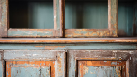 an old blue hutch in an antique dresser is featured in this stock photo (2204538). the soft-focus technique adds a touch of vintage charm to the image, while the light orange and brown tones create a warm and inviting atmosphere. the close-up intensity highlights the raw vulnerability of the hutch, giving it a post-modern deconstruction feel. with selective focus and high quality, this photo capturesの素材