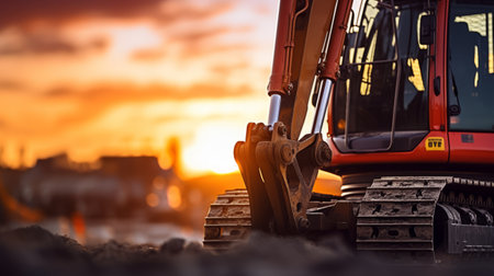 excavator at construction site during sunset and sunrise, captured in a soft-edged and blurred style. the image showcases a combination of light navy and orange hues, following the tanbi kei aesthetic. with selective focus, the chrome-plated excavator stands out against the dark crimson and orange backdrop. this uhd image captures the beauty of the construction process. ai generatedの素材