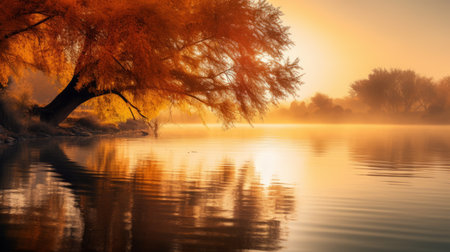 a serene river flows through a landscape adorned with vibrant autumn colors. locust trees surround a peaceful lake, their vibrant hues reflecting on the calm water's surface. this tranquil scene captures the beauty of nature during the fall season, with soft, warm golden hour light illuminating the river. ai generatedの素材