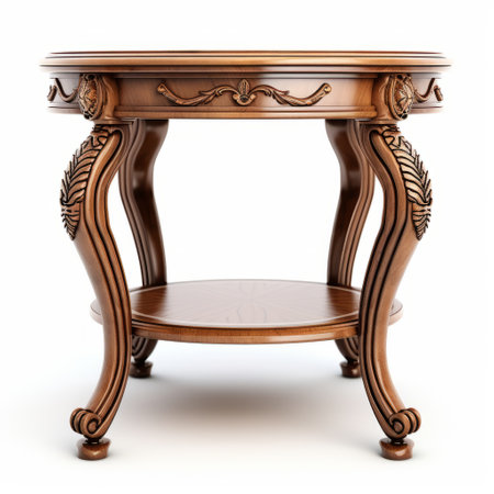 wooden end table with intricate rococo design, inspired by the elegance of barthel bruyn the elder's noble subjects. this 32k uhd illustration showcases the rounded shape and shiny finish of the table, reminiscent of the exquisite craftsmanship of louis majorelle. ai generatedの素材
