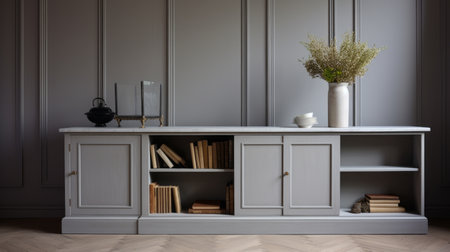 a wooden bookcase with a white vase on top is showcased in a room with a wooden floor. the style of the bookcase is characterized by dark silver and light gray tones, reminiscent of the works of clara peeters. the image highlights tonal sharpness and traditional craftsmanship. the overall aesthetic can be described as cabincore, with a juxtaposition of hard and soft lines, complemented byの素材
