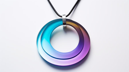 a colored plastic pendant with a black leather strap, featuring vibrant color gradients in circular shapes. the pendant showcases a combination of dark purple and light blue hues, creating luminous reflections and a sense of depth with its layered design. the overall aesthetic is reminiscent of hard-edge color field art. ai generatedの素材