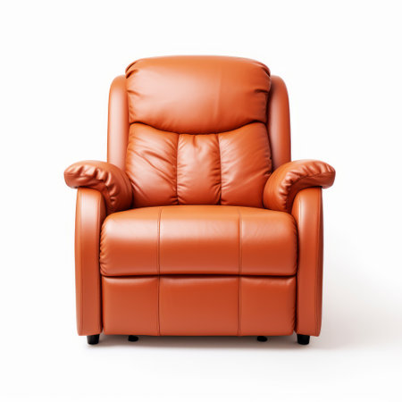 a recliner for adults, this leather chair exudes a relatable personality with its dark orange hue and subtle, earthy tones. captured in the style of high-key lighting, the image showcases the comfycore aesthetic. against a white background, this photo taken with fujifilm pro 400h film brings out the chair's inviting appeal. ai generatedの素材