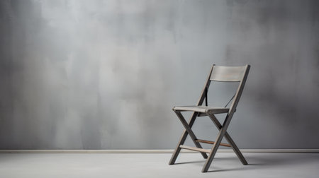 a photo featuring a minimalist setting with a grey wall and a single black chair. the image is captured in the style of soft atmospheric perspective, creating a sense of depth. shot with a carl zeiss distagon t 15mm f/2.8 ze lens, the photo showcases a blend of light indigo and gray tones. the composition evokes a post-apocalyptic backdrop, adding a touch of relatable personality.の素材