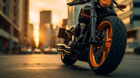 a motorcycle parked in a city, showcasing a dark gold and orange color scheme. the soft-focus technique used in this image adds an innovative touch to the overall composition. the auto body works on the motorcycle are evident, with a combination of dark aquamarine and orange hues. this close-up shot captures the iconic rock and roll imagery associated with motorcycles. ai generatedの素材